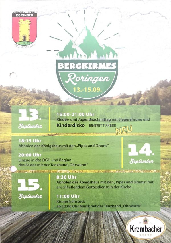 Bergkirmes Roringen 2019, 13. bis 15. September, dreitägig mit Tanzband Ohrwurm